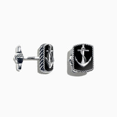 Mens Sterling Silver Onyx Anchor Cufflinks, 9.85 TCW, feature rectangular black onyx faces with raised silver anchor designs and twisted rope borders, displayed against a plain white background.