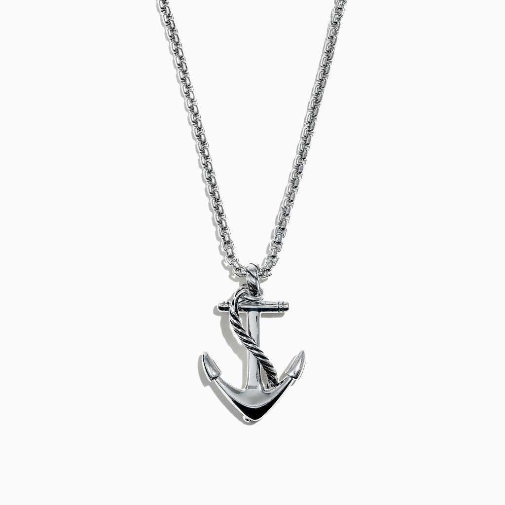 The Mens 925 Sterling Silver Anchor Pendant features a rope design and comes with a matching sterling silver chain, displayed on a white background.