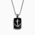 The Mens Sterling Silver Onyx Anchor Dog Tag Pendant, 18.85 TCW, features a rectangular onyx center with a raised silver anchor and rope-like border, creating a bold and striking accessory for men.