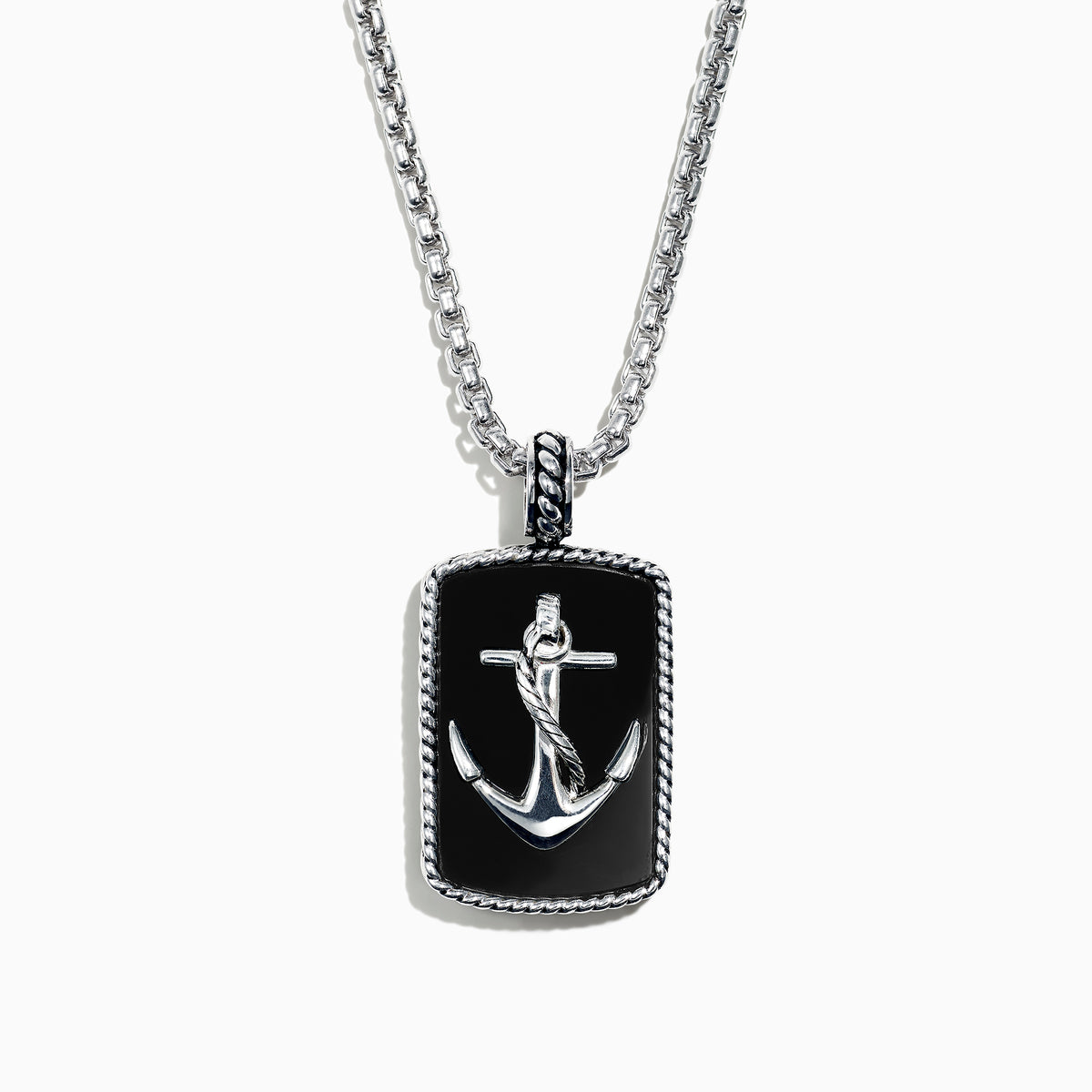 The Mens Sterling Silver Onyx Anchor Dog Tag Pendant, 18.85 TCW, features a rectangular onyx center with a raised silver anchor and rope-like border, creating a bold and striking accessory for men.
