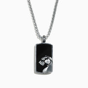 The Mens 925 Sterling Silver Onyx Dog Tag Pendant, 28.40 TCW, features a rectangular pendant with an onyx-inspired design and a raised stylized panther head.