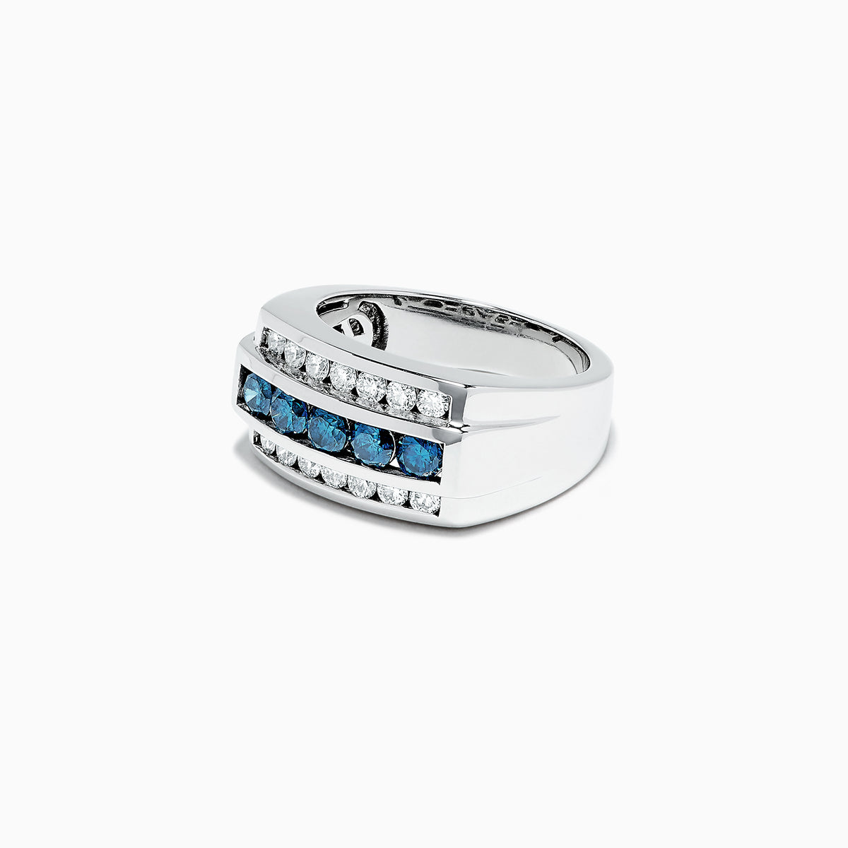 The Mens 14K White Gold Blue and White Diamond Ring, 1.67 TCW, features two rows of white diamonds with a center row of blue and white diamonds, shown from the front on a plain white background.