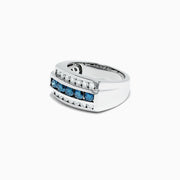 The Mens 14K White Gold Blue and White Diamond Ring, 1.67 TCW, features two rows of white diamonds with a center row of blue and white diamonds, shown from the front on a plain white background.