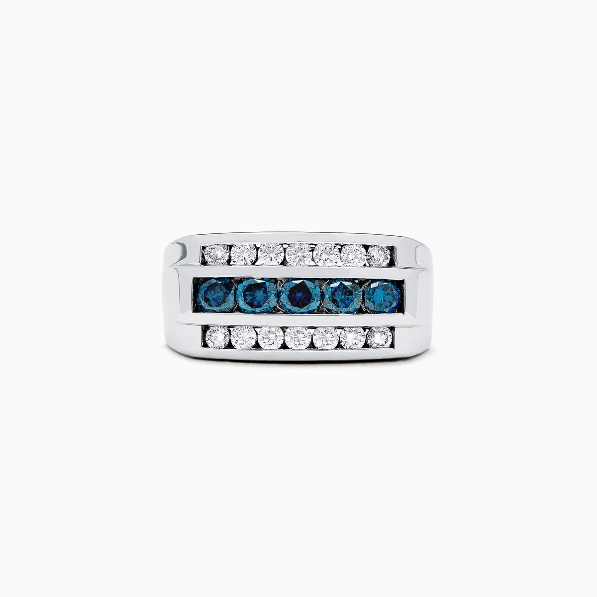 The Mens 14K White Gold Blue and White Diamond Ring, 1.67 TCW, features two rows of white diamonds with a center row of blue and white diamonds, shown from the front on a plain white background.