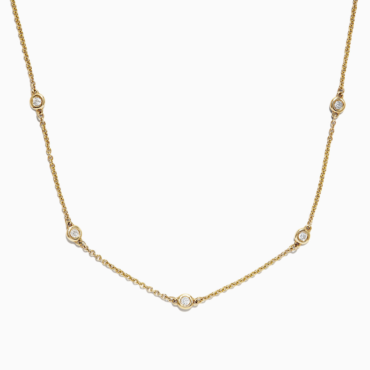 The DOro 14K Yellow Gold 18 Diamond Station Necklace (0.21 TCW) features five round bezel-set diamonds spaced along the front and is shown on a white background.