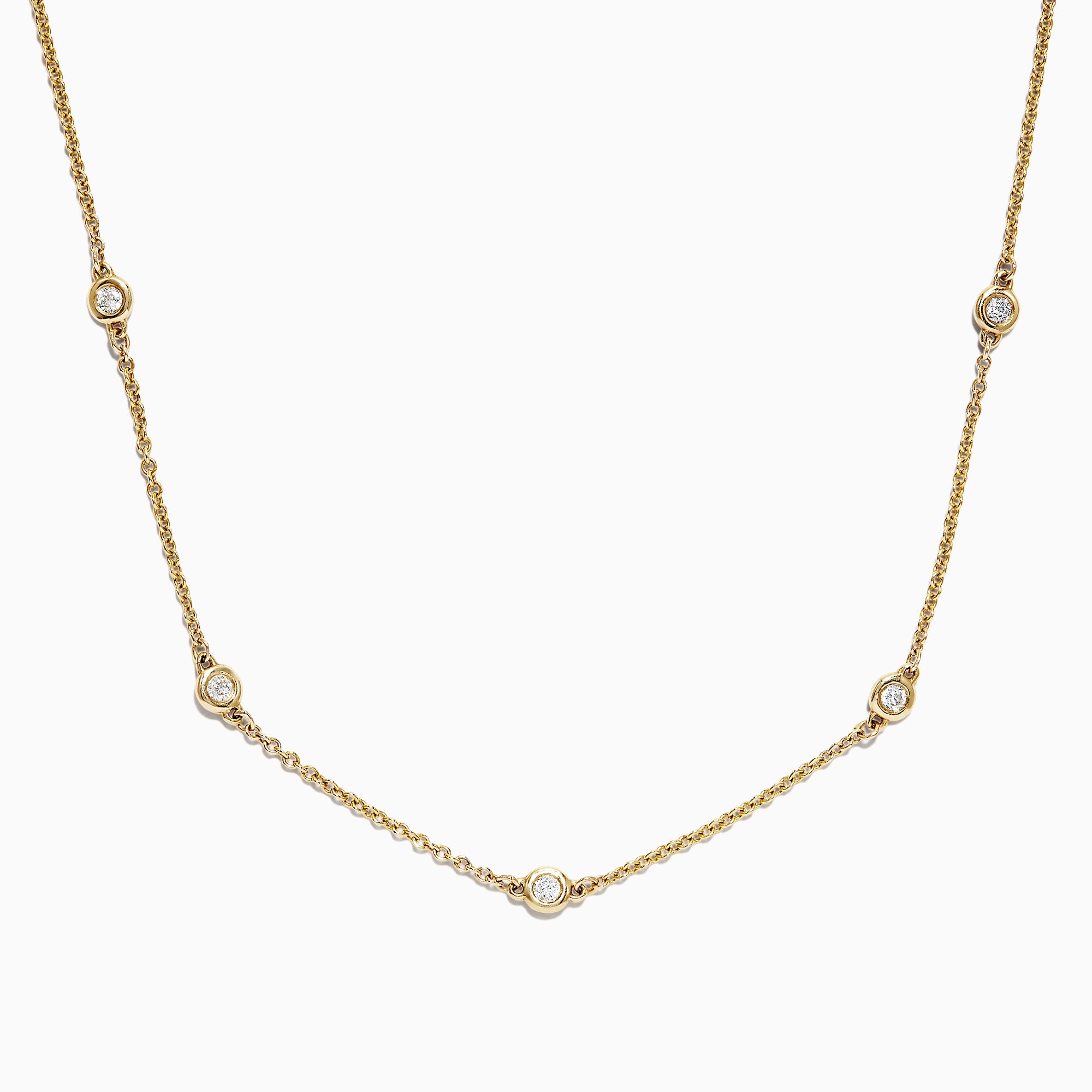 The DOro 14K Yellow Gold 18 Diamond Station Necklace (0.21 TCW) features five round bezel-set diamonds spaced along the front and is shown on a white background.