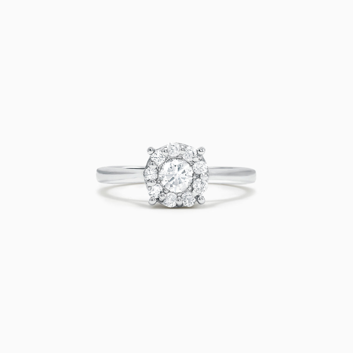 The Bouquet 14K White Gold Diamond Cluster Ring, 0.51 TCW, showcases a brilliant round center diamond framed by a halo of smaller diamonds, beautifully presented against a plain white background.