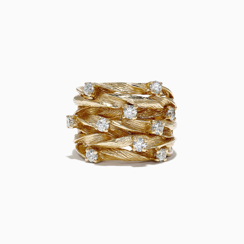 The DOro 14K Yellow Gold Diamond Ring, 0.98 TCW, features a wide textured braided design with multiple rows and evenly spaced round white diamonds on a plain white background.