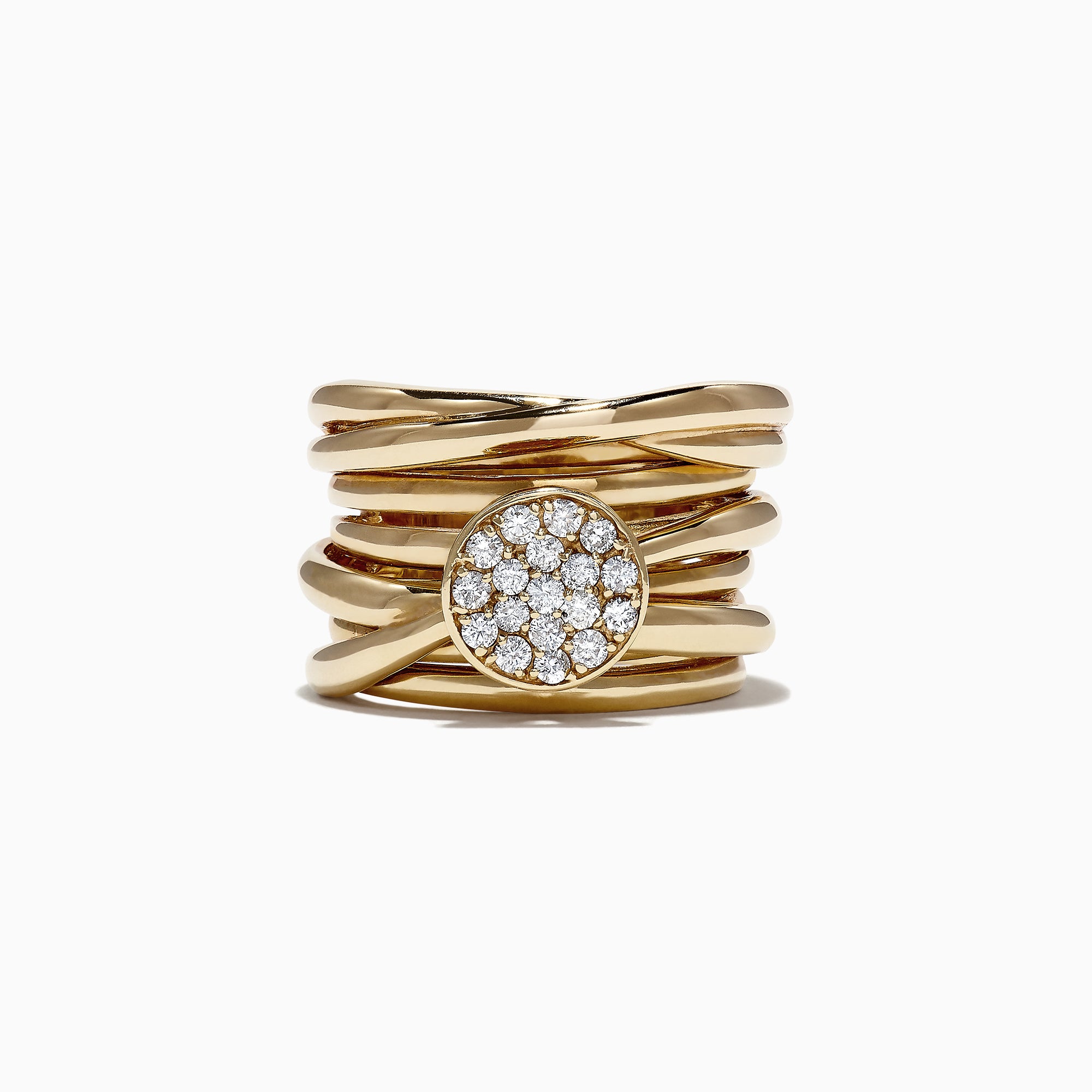 The DOro 14K Yellow Gold Diamond Ring features multiple overlapping bands and a round setting adorned with sparkling white diamonds totaling 0.35 TCW.