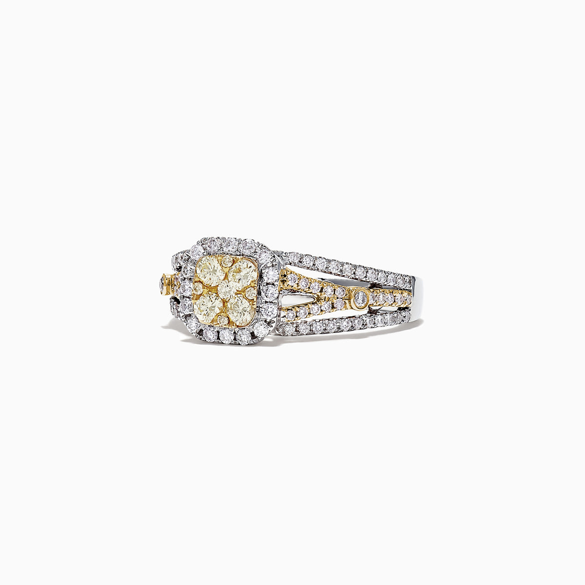 The Canare 14K Two-Tone Gold Cushion Shaped Cluster Yellow Diamond Ring showcases a yellow diamond center with a halo of white diamonds and a split shank band, creating a dazzling cluster effect.