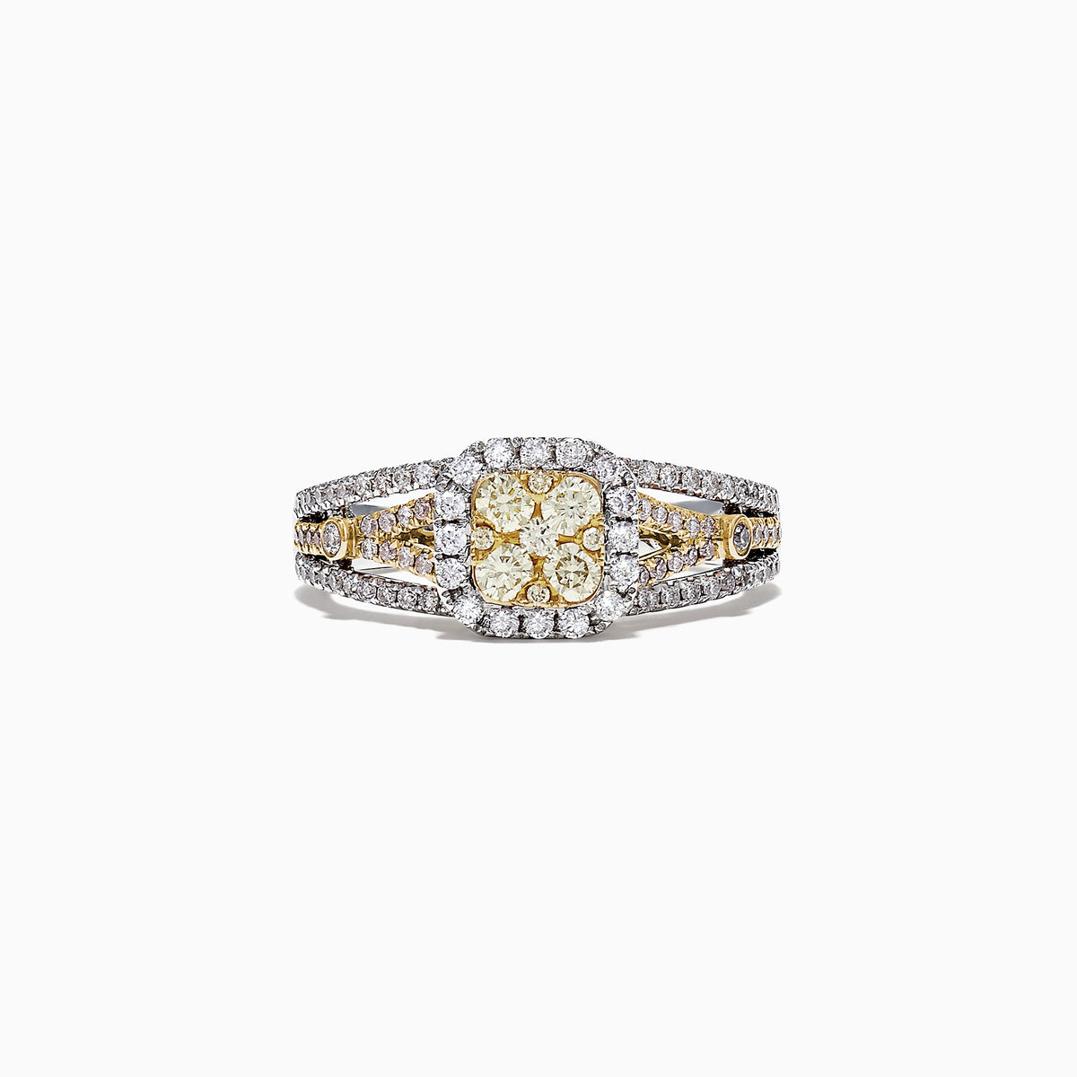 The Canare 14K Two-Tone Gold Cushion Shaped Cluster Yellow Diamond Ring showcases a yellow diamond center with a halo of white diamonds and a split shank band, creating a dazzling cluster effect.
