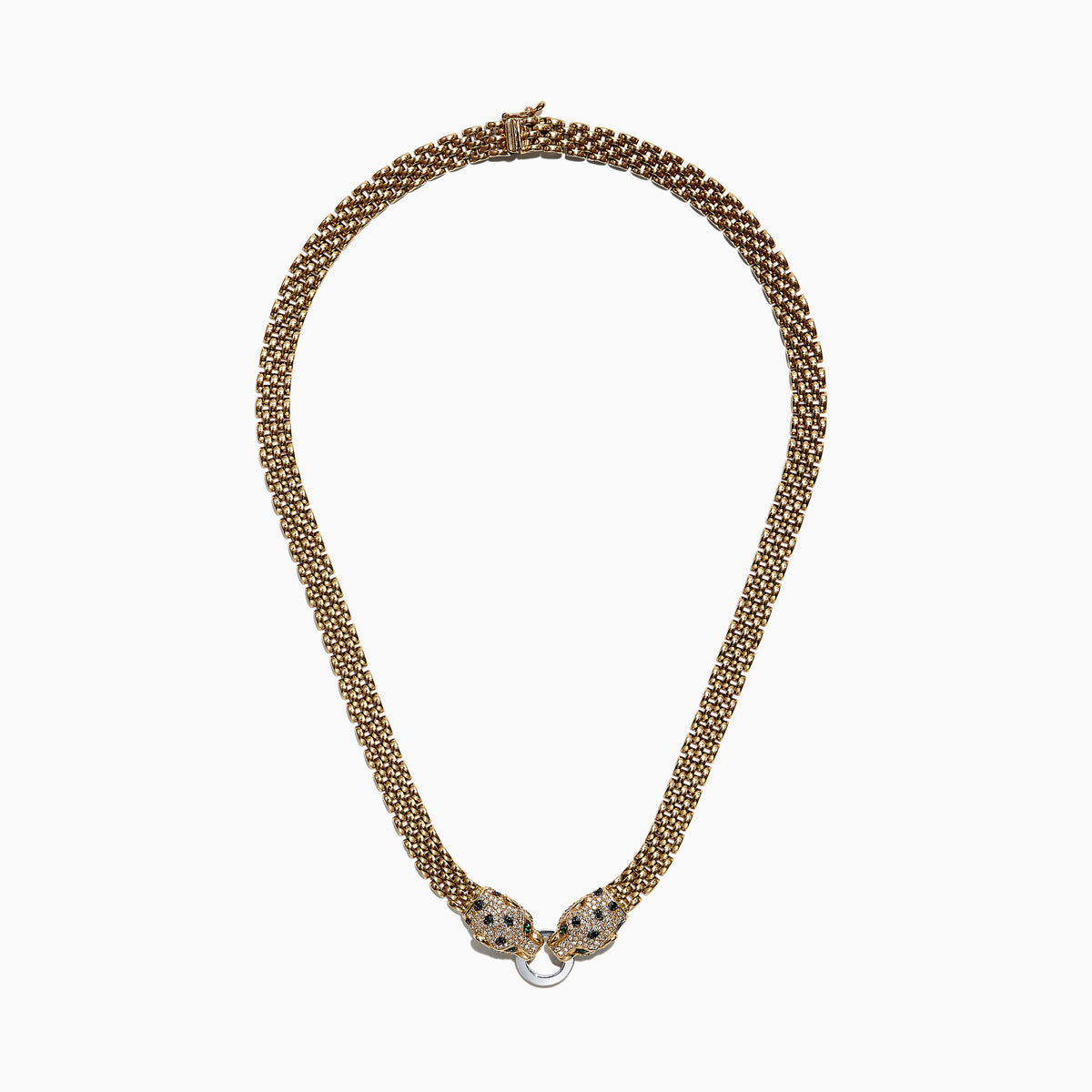 Signature 14K 2-Tone Gold Diamond and Emerald Necklace, 1.27 TCW, features two jeweled leopard heads with green eyes and black spots, facing each other and holding a silver ring in their mouths.