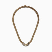 Signature 14K 2-Tone Gold Diamond and Emerald Necklace, 1.27 TCW, features two jeweled leopard heads with green eyes and black spots, facing each other and holding a silver ring in their mouths.