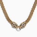 Signature 14K 2-Tone Gold Diamond and Emerald Necklace, 1.27 TCW, features two jeweled leopard heads with green eyes and black spots, facing each other and holding a silver ring in their mouths.