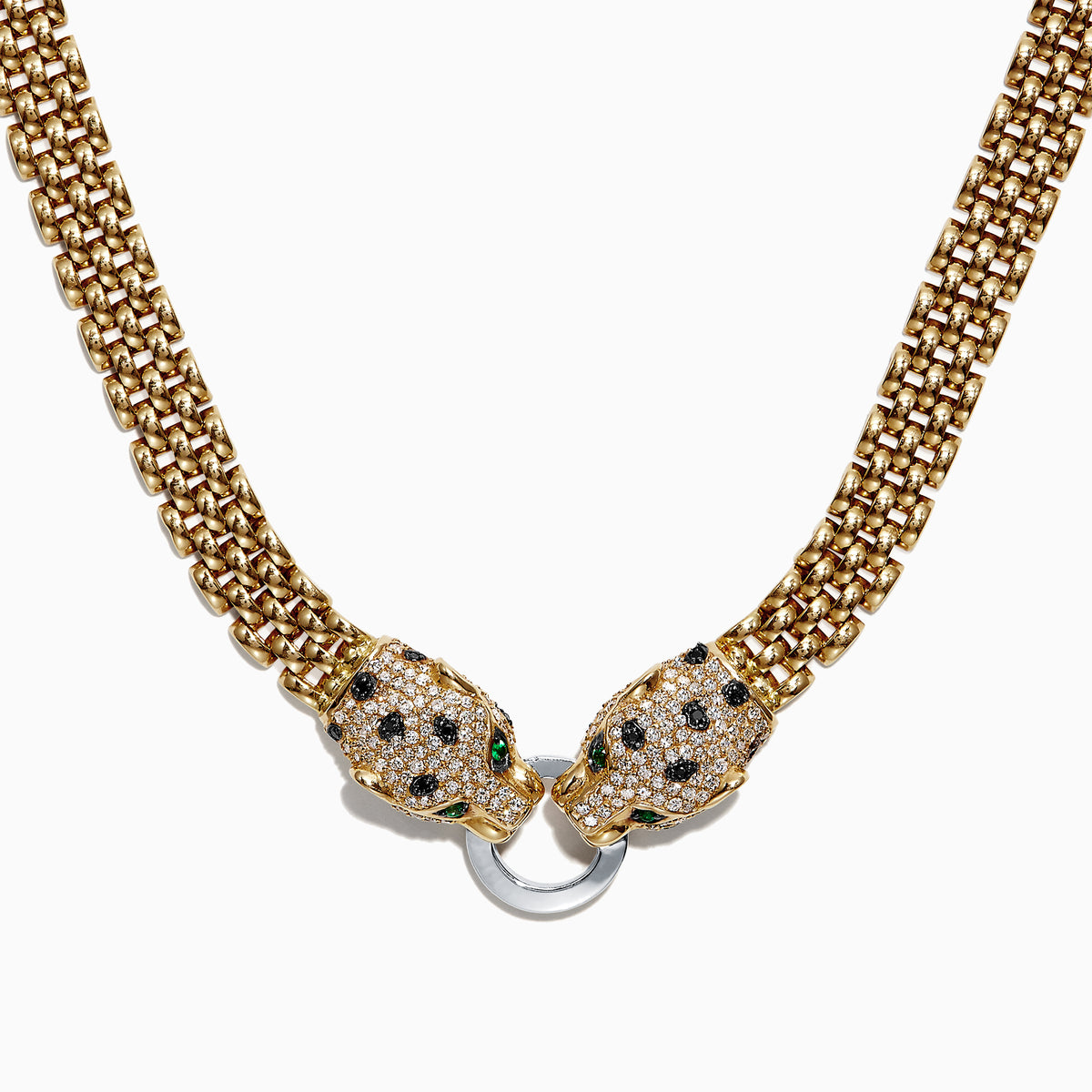 Signature 14K 2-Tone Gold Diamond and Emerald Necklace, 1.27 TCW, features two jeweled leopard heads with green eyes and black spots, facing each other and holding a silver ring in their mouths.