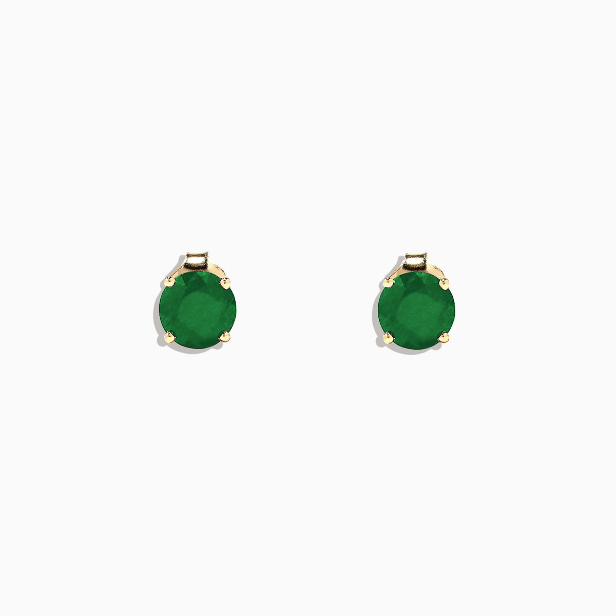The 14K Yellow Gold Solitaire Round Emerald Stud Earrings, 1.62 TCW, feature brilliant round emeralds in yellow gold prongs, displayed on a white background for a timeless and elegant Effy Jewelry look.