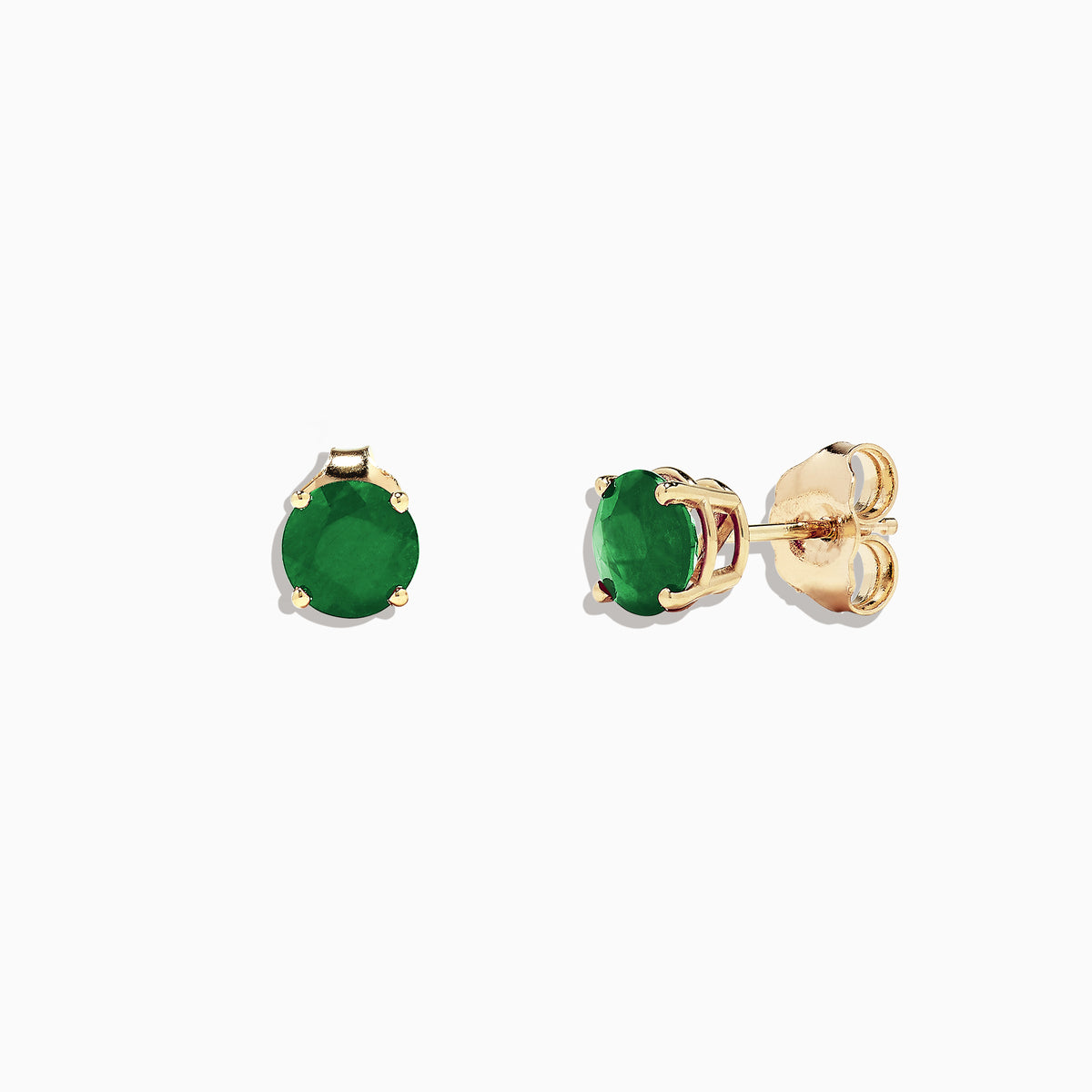 The 14K Yellow Gold Solitaire Round Emerald Stud Earrings, 1.62 TCW, feature brilliant round emeralds in yellow gold prongs, displayed on a white background for a timeless and elegant Effy Jewelry look.