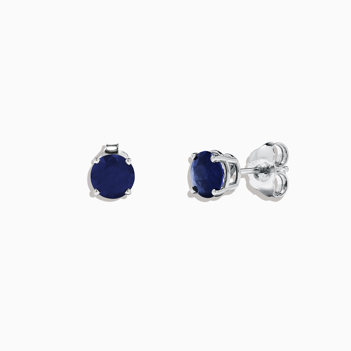 The Royale Bleu 14K White Gold Sapphire Stud Earrings, 2.00 TCW, feature round deep blue stones set in white gold prongs, displayed against a plain white background.