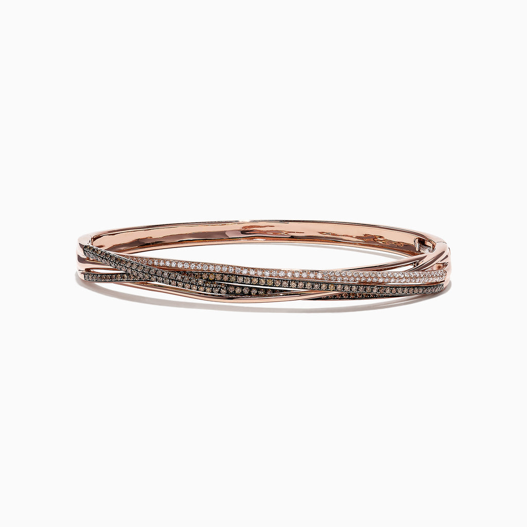 The 14K Rose Gold Espresso and White Diamond Bangle, 1.26 TCW, features intertwined strands accented with sparkling diamonds for an elegant, layered look.