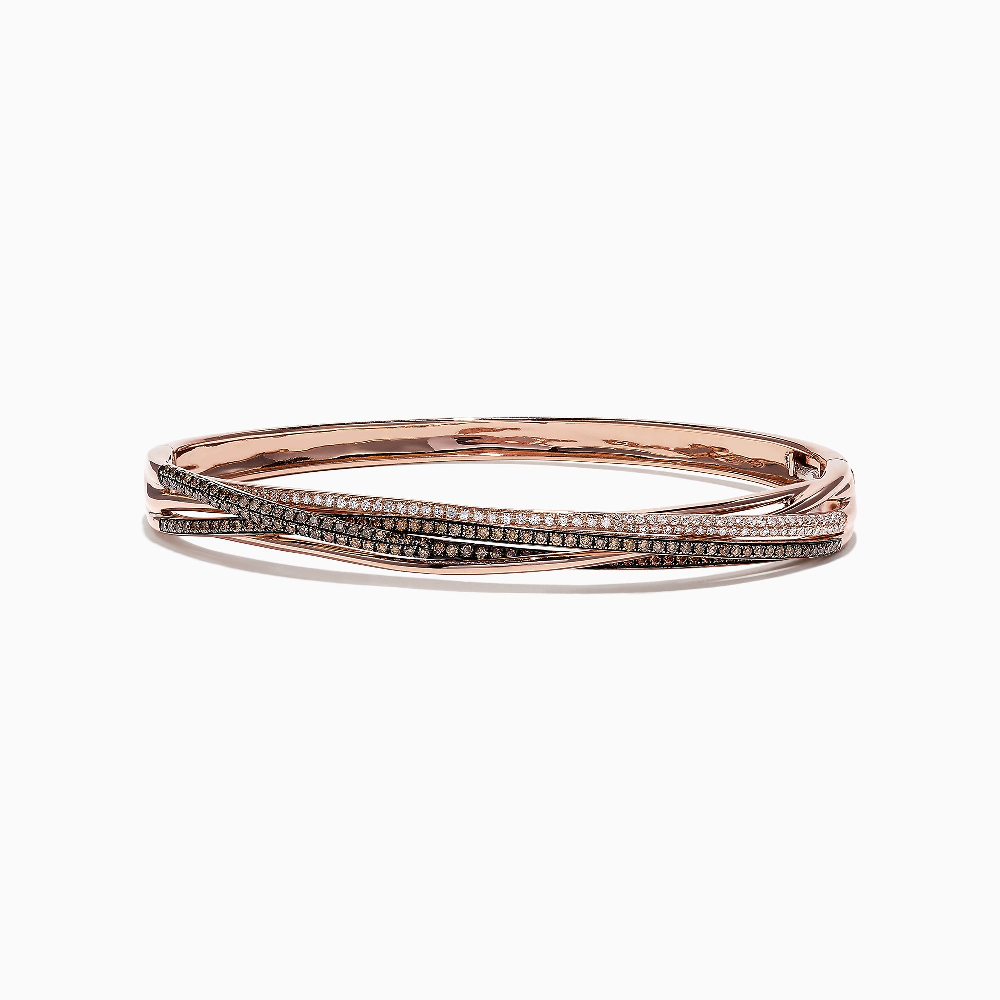 The 14K Rose Gold Espresso and White Diamond Bangle, 1.26 TCW, features intertwined strands accented with sparkling diamonds for an elegant, layered look.