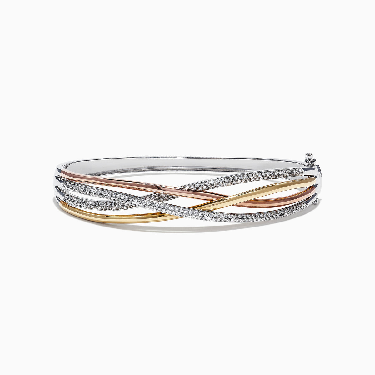 The Trio 14K Tri-Color Gold Diamond Crossover Bangle, 1.03 TCW, features intertwined bands of yellow, rose, and white gold accented with sparkling diamonds for an elegant and striking effect.