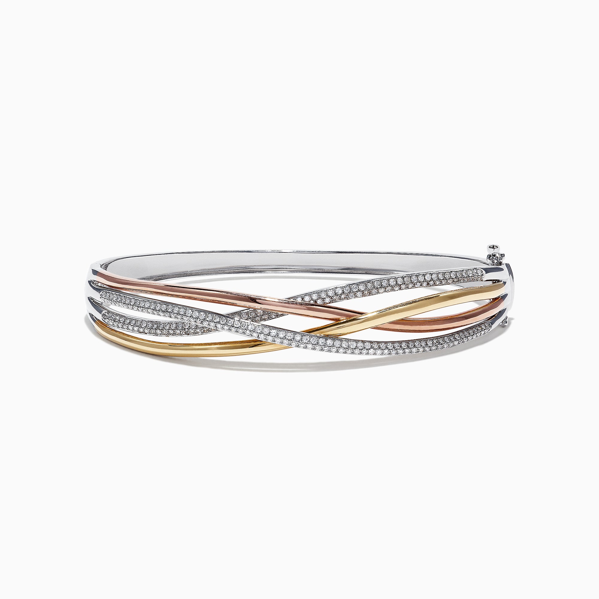 The Trio 14K Tri-Color Gold Diamond Crossover Bangle, 1.03 TCW, features intertwined bands of yellow, rose, and white gold accented with sparkling diamonds for an elegant and striking effect.