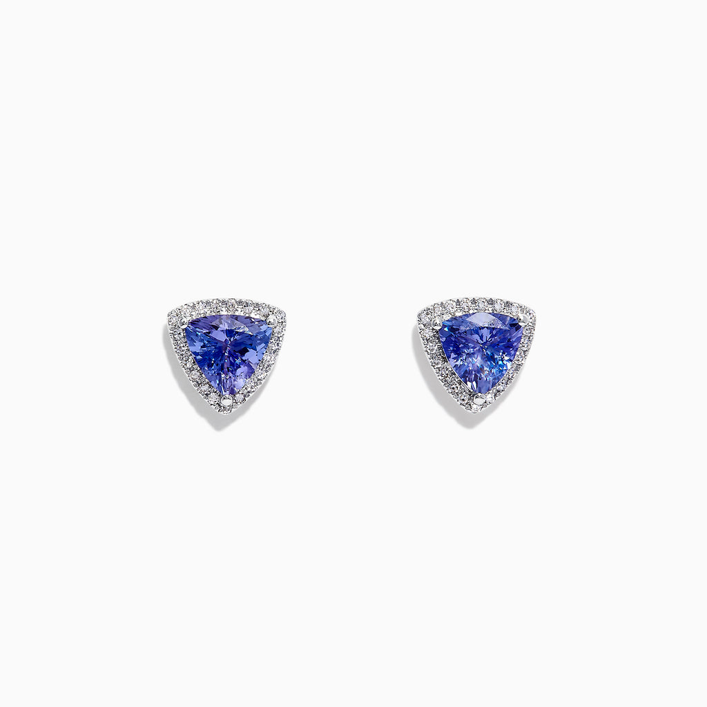 Nahla Siri 14K Gold Tanzanite & Diamond Stud Earrings, 2.34 TCW, feature triangular blue tanzanites bordered by sparkling diamonds, beautifully set and displayed against a white background.