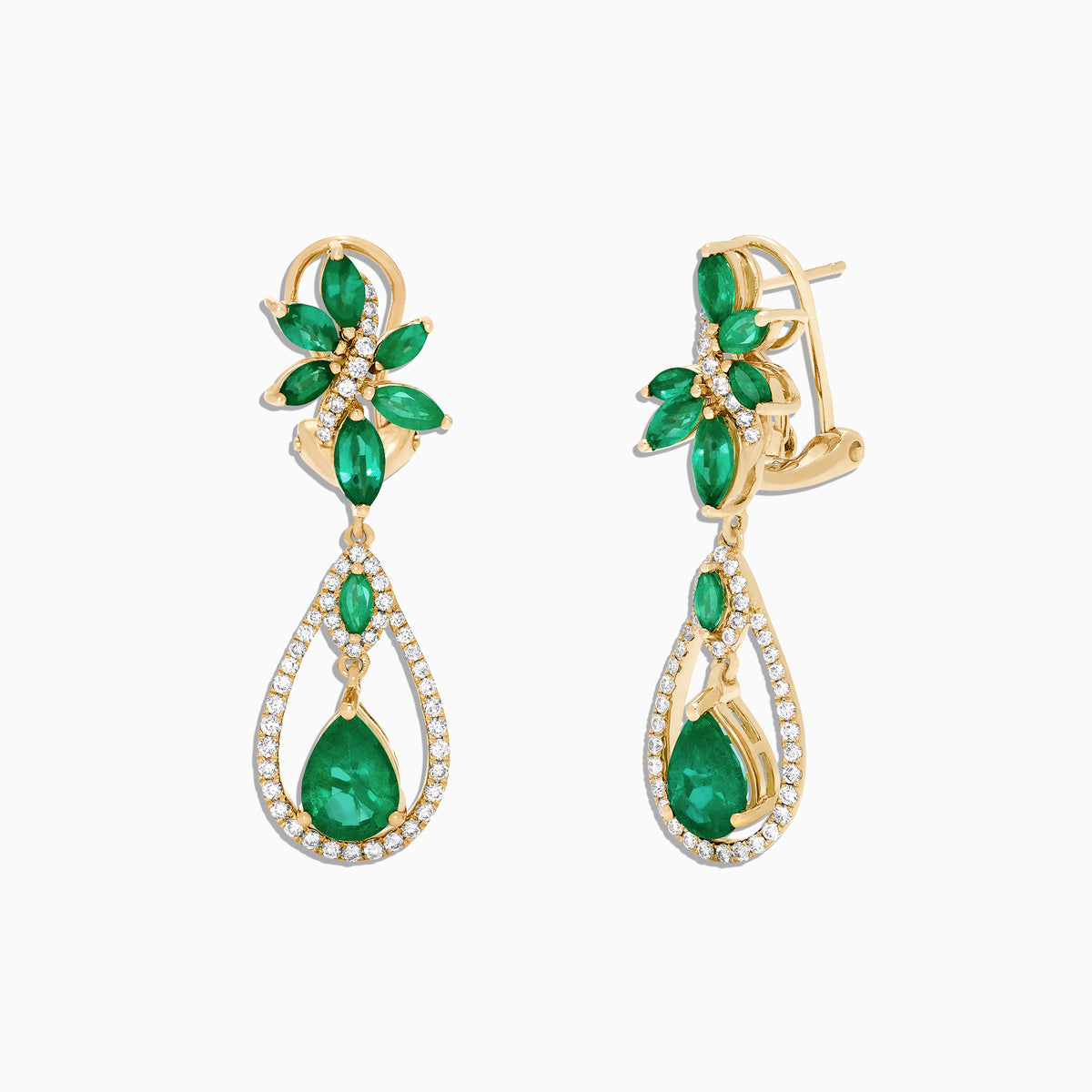 The Brasilica 14K Yellow Gold Emerald and Diamond Earrings, 4.62 TCW, showcase green gemstones in a floral design with teardrop emeralds and white diamond accents outlining the lower drop shape.