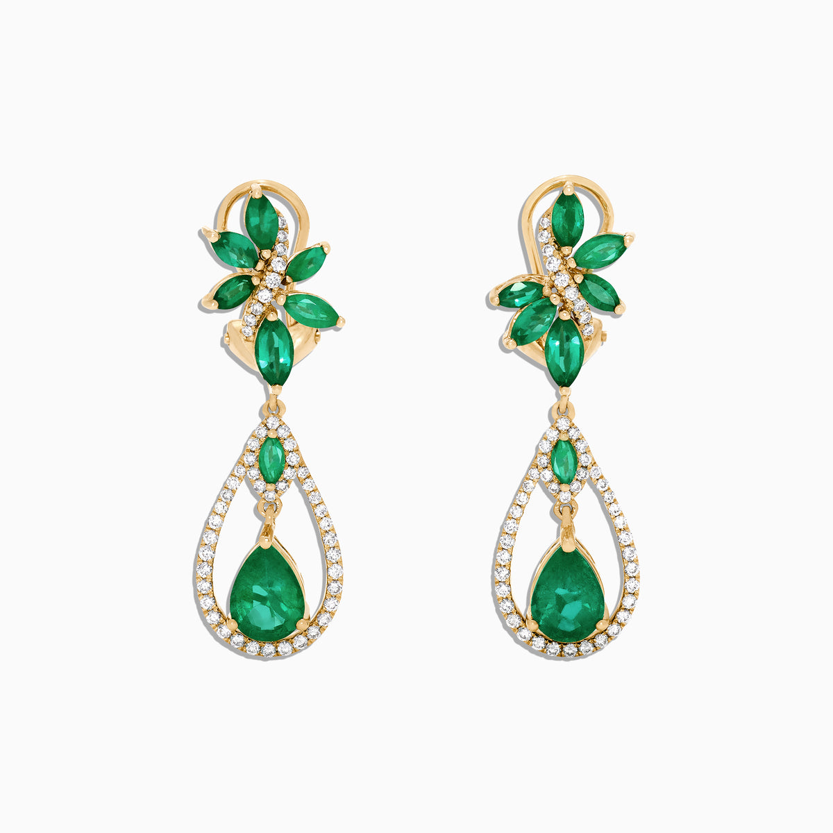 The Brasilica 14K Yellow Gold Emerald and Diamond Earrings, 4.62 TCW, showcase green gemstones in a floral design with teardrop emeralds and white diamond accents outlining the lower drop shape.