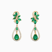 The Brasilica 14K Yellow Gold Emerald and Diamond Earrings, 4.62 TCW, showcase green gemstones in a floral design with teardrop emeralds and white diamond accents outlining the lower drop shape.
