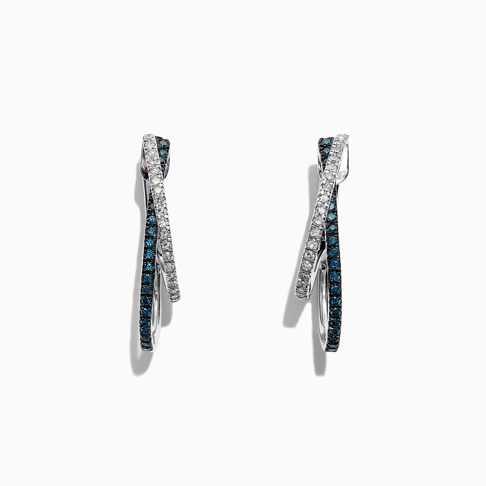 The Bella Bleu 14K White Gold Blue and White Diamond Earrings, 0.58 TCW, feature two intertwined hoops—one adorned with blue and white diamonds—and are displayed against a white background.