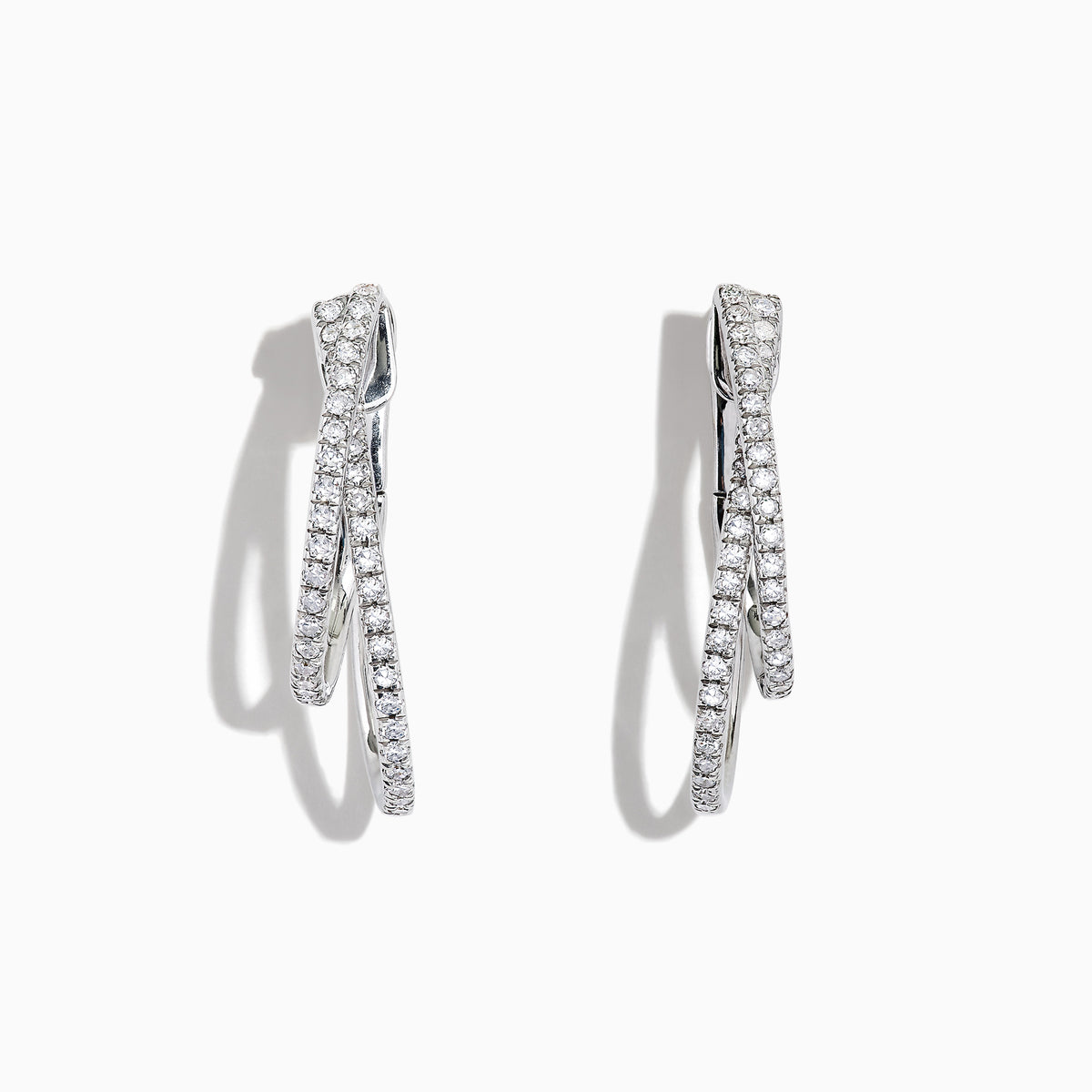 A pair of Pave Classica 14K White Gold Diamond Hoop Earrings, 0.58 TCW, featuring intertwined bands set with sparkling diamonds, elegantly displayed against a white background.