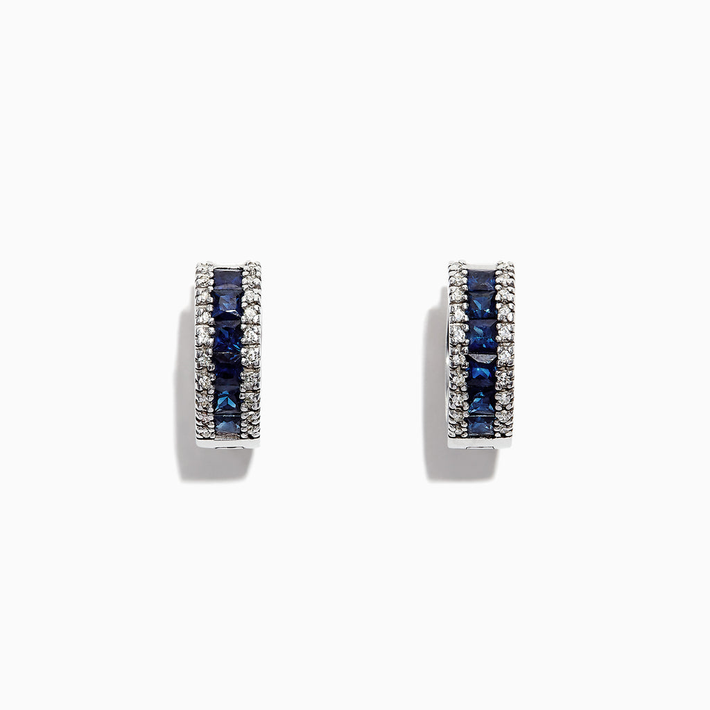 Royale Bleu 14K Gold Sapphire and Diamond Hoop Earrings (1.76 TCW) featuring a center row of sapphires flanked by sparkling diamonds, shown against a white background.