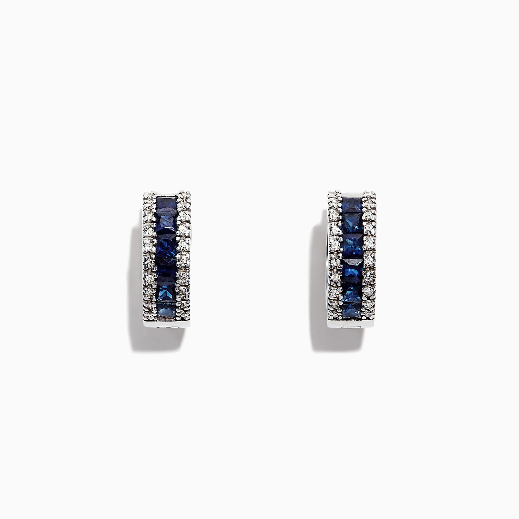 Royale Bleu 14K Gold Sapphire and Diamond Hoop Earrings (1.76 TCW) featuring a center row of sapphires flanked by sparkling diamonds, shown against a white background.
