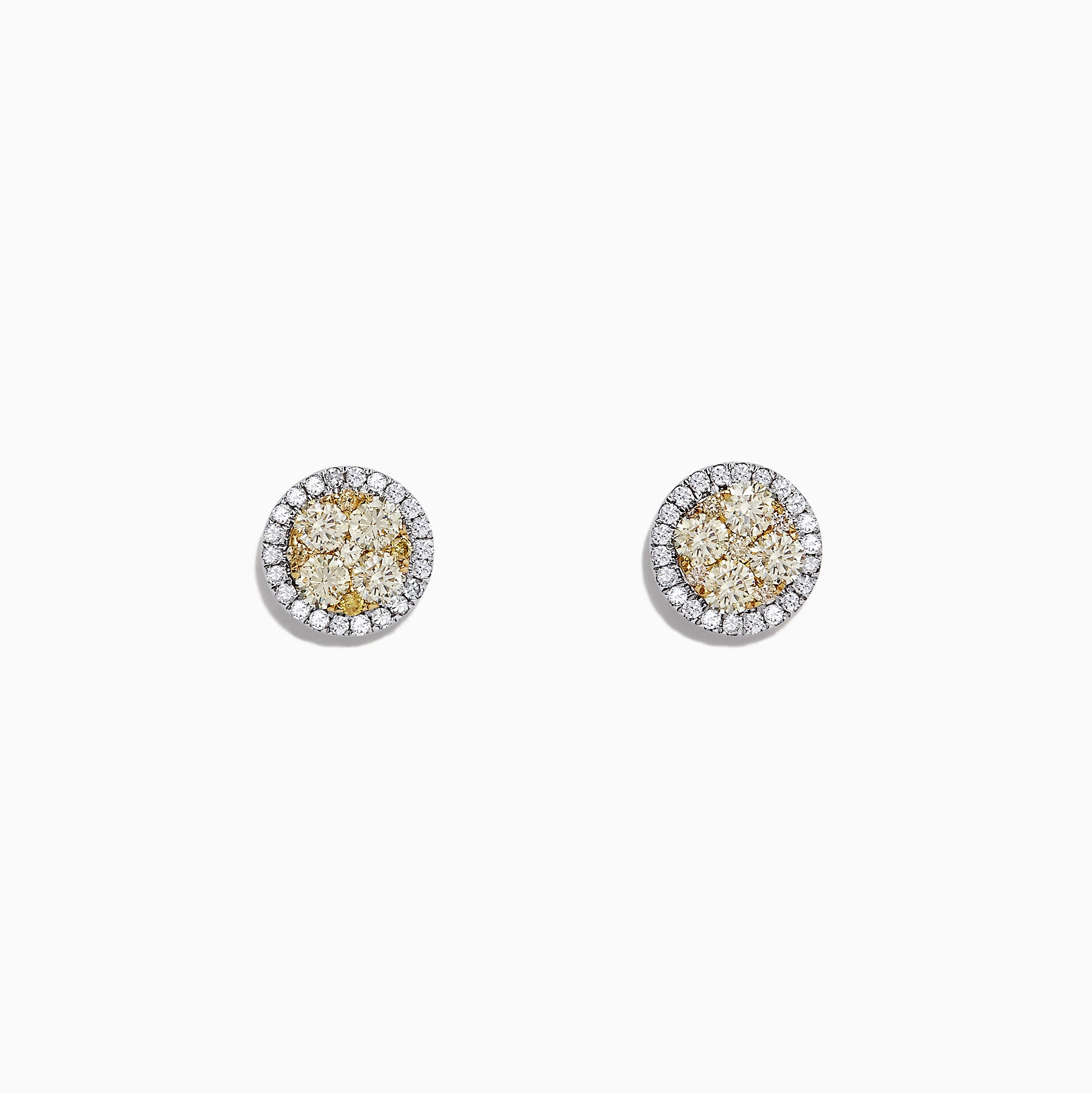 Canare 14K Two-Tone Gold Yellow and White Diamond Earrings, 1.08 TCW, with round yellow centers and a halo of white diamonds, are displayed against a plain white background.