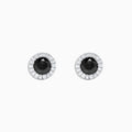 These 14K white gold stud earrings showcase a central black diamond surrounded by a halo of white diamonds, totaling 0.91 TCW for a timeless black and white design. Product: 14K White Gold Black and White Diamond Stud Earrings, 0.91 TCW.