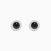 These 14K white gold stud earrings showcase a central black diamond surrounded by a halo of white diamonds, totaling 0.91 TCW for a timeless black and white design. Product: 14K White Gold Black and White Diamond Stud Earrings, 0.91 TCW.