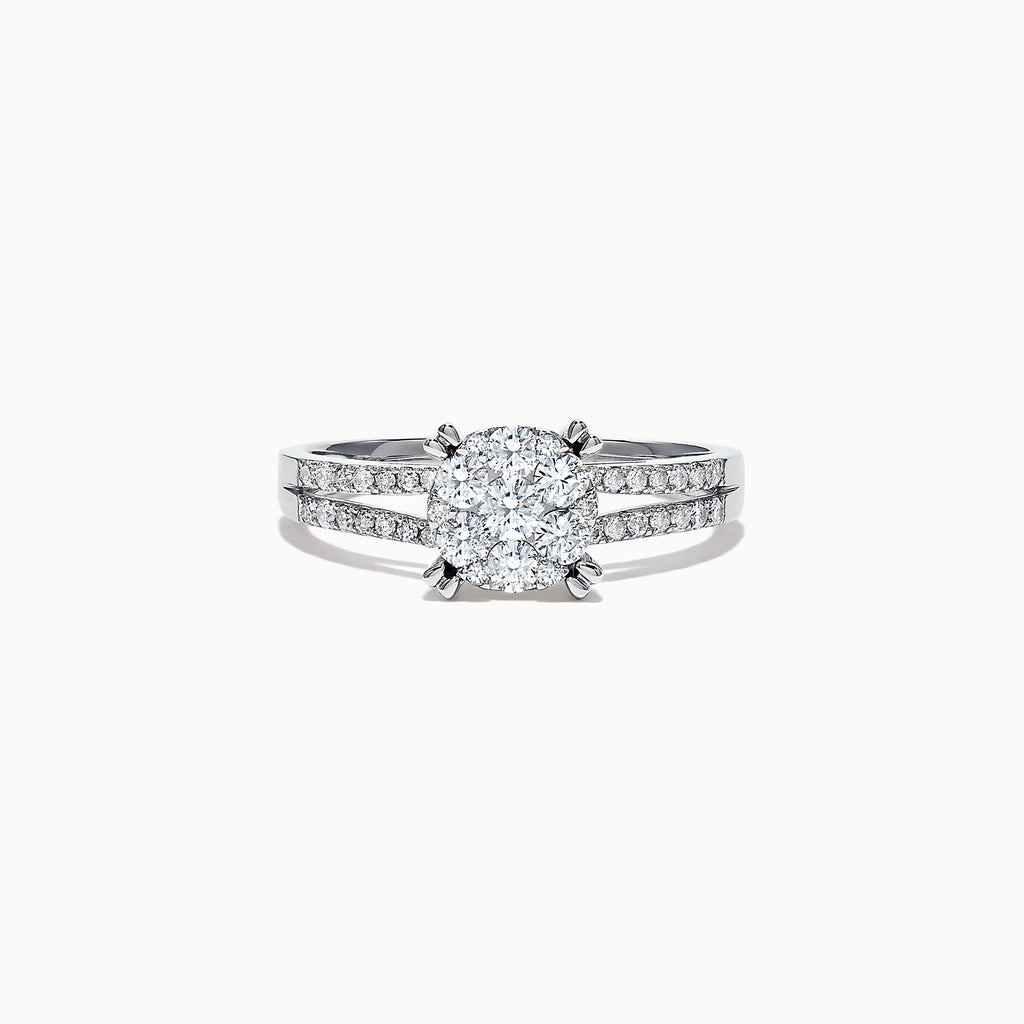 The Bouquet 14K White Gold Diamond Cluster Ring, 0.56 TCW, showcases a brilliant diamond cluster and a split shank band adorned with sparkling diamonds, beautifully presented on a white background.