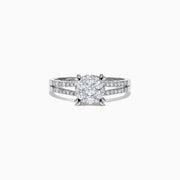 The Bouquet 14K White Gold Diamond Cluster Ring, 0.56 TCW, showcases a brilliant diamond cluster and a split shank band adorned with sparkling diamonds, beautifully presented on a white background.