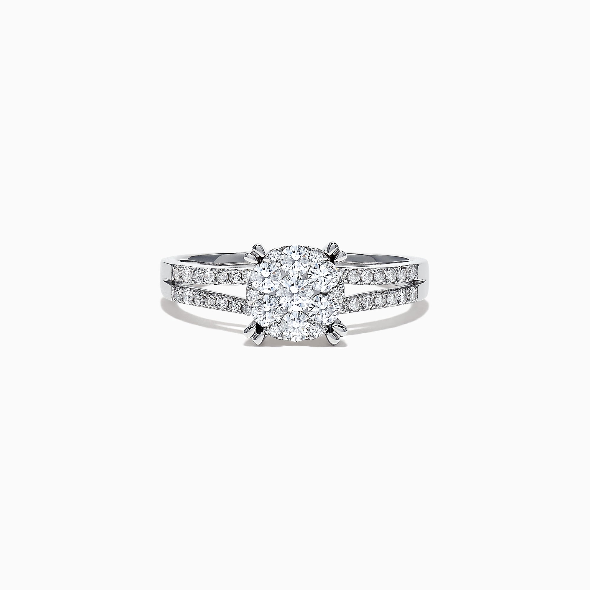 The Bouquet 14K White Gold Diamond Cluster Ring, 0.56 TCW, showcases a brilliant diamond cluster and a split shank band adorned with sparkling diamonds, beautifully presented on a white background.