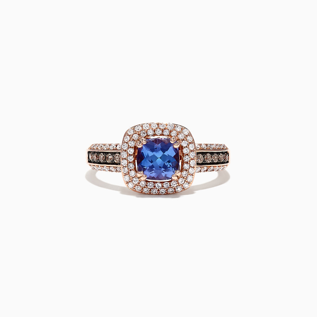 The Nahla Siri 14K Rose Gold Tanzanite and Diamond Ring, 1.34 TCW, features a cushion-cut blue tanzanite center with two diamond halos and diamond accents on the band—a striking choice for any diamond ring collection.
