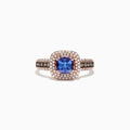 The Nahla Siri 14K Rose Gold Tanzanite and Diamond Ring, 1.34 TCW, features a cushion-cut blue tanzanite center with two diamond halos and diamond accents on the band—a striking choice for any diamond ring collection.