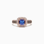 The Nahla Siri 14K Rose Gold Tanzanite and Diamond Ring, 1.34 TCW, features a cushion-cut blue tanzanite center with two diamond halos and diamond accents on the band—a striking choice for any diamond ring collection.
