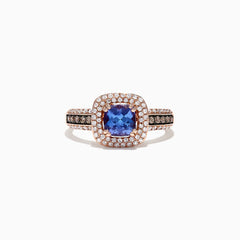 The Nahla Siri 14K Rose Gold Tanzanite and Diamond Ring, 1.34 TCW, features a cushion-cut blue tanzanite center with two diamond halos and diamond accents on the band—a striking choice for any diamond ring collection.