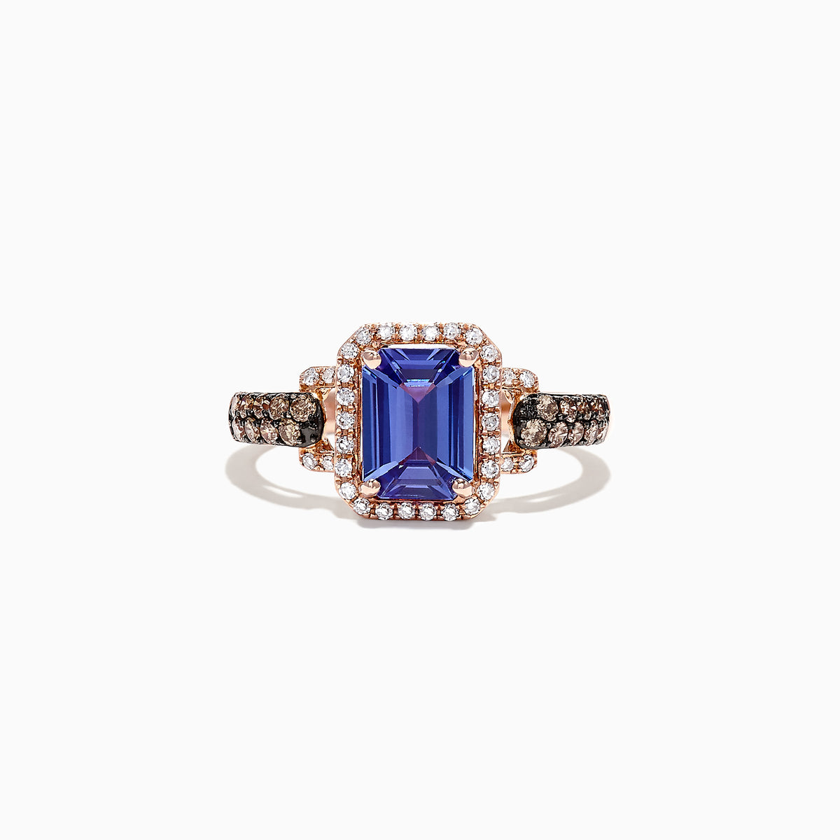 The Nahla Siri 14K Rose Gold Ring showcases a large emerald cut tanzanite center, framed by a diamond halo with additional diamonds along the band. Total carat weight is 1.72 TCW.