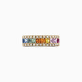 The Watercolors 14K Yellow Gold Multi Sapphire & Diamond Ring (1.46 TCW) showcases two rows of diamonds framing square-cut blue, green, yellow, orange, and pink sapphires in a vibrant rainbow gradient band.