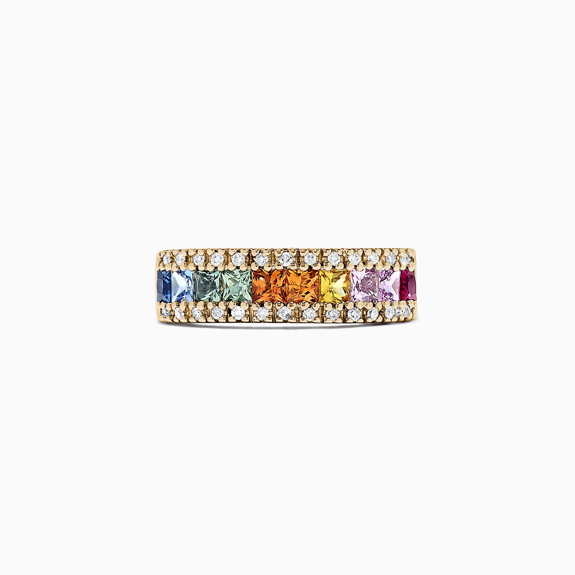 The Watercolors 14K Yellow Gold Multi Sapphire & Diamond Ring (1.46 TCW) showcases two rows of diamonds framing square-cut blue, green, yellow, orange, and pink sapphires in a vibrant rainbow gradient band.