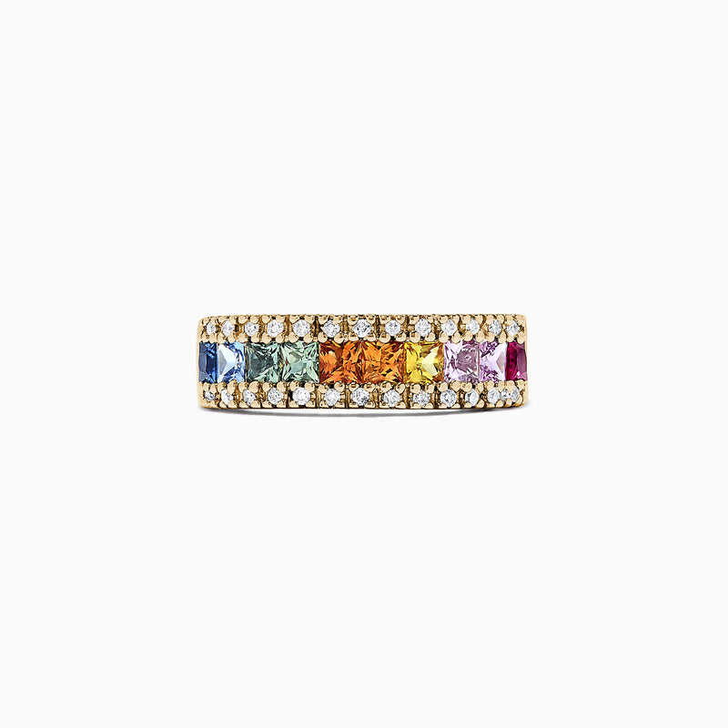The Watercolors 14K Yellow Gold Multi Sapphire & Diamond Ring (1.46 TCW) showcases two rows of diamonds framing square-cut blue, green, yellow, orange, and pink sapphires in a vibrant rainbow gradient band.