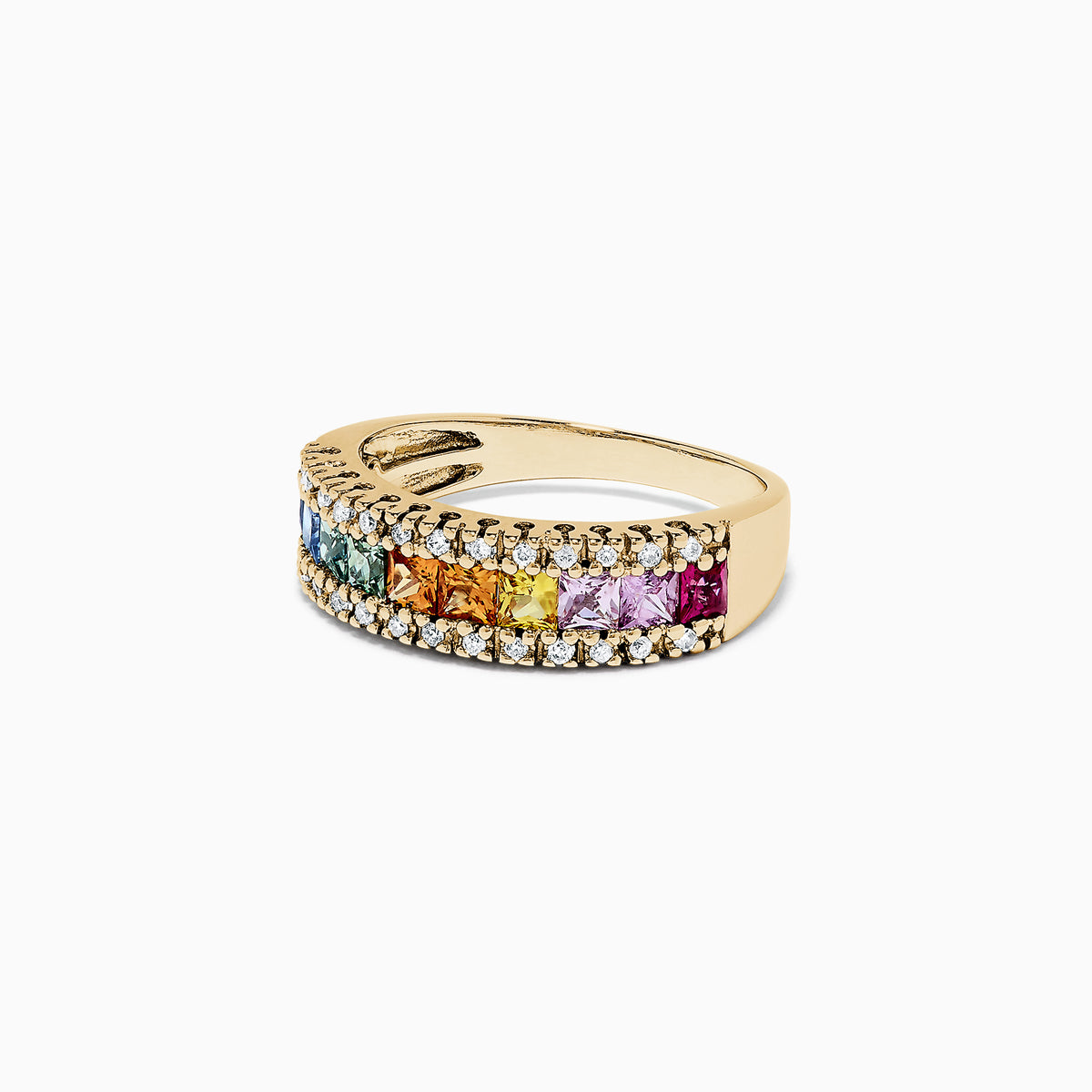The Watercolors 14K Yellow Gold Multi Sapphire & Diamond Ring (1.46 TCW) showcases two rows of diamonds framing square-cut blue, green, yellow, orange, and pink sapphires in a vibrant rainbow gradient band.
