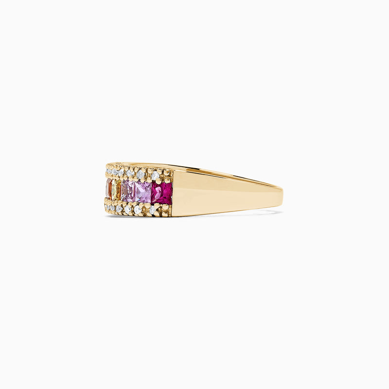The Watercolors 14K Yellow Gold Multi Sapphire & Diamond Ring (1.46 TCW) showcases two rows of diamonds framing square-cut blue, green, yellow, orange, and pink sapphires in a vibrant rainbow gradient band.